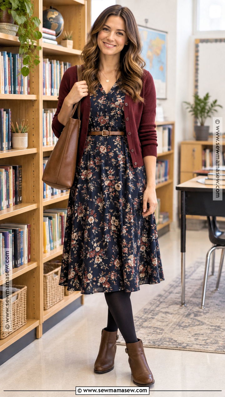 Autumn Teacher Outfit With Floral Midi Dress And Cardigan - 20 autumn outfits for teachers