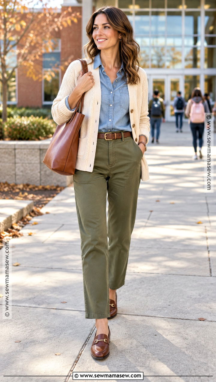 Autumn Teacher Outfit With Olive Pants And Chambray Shirt - 25 autumn teacher outfits