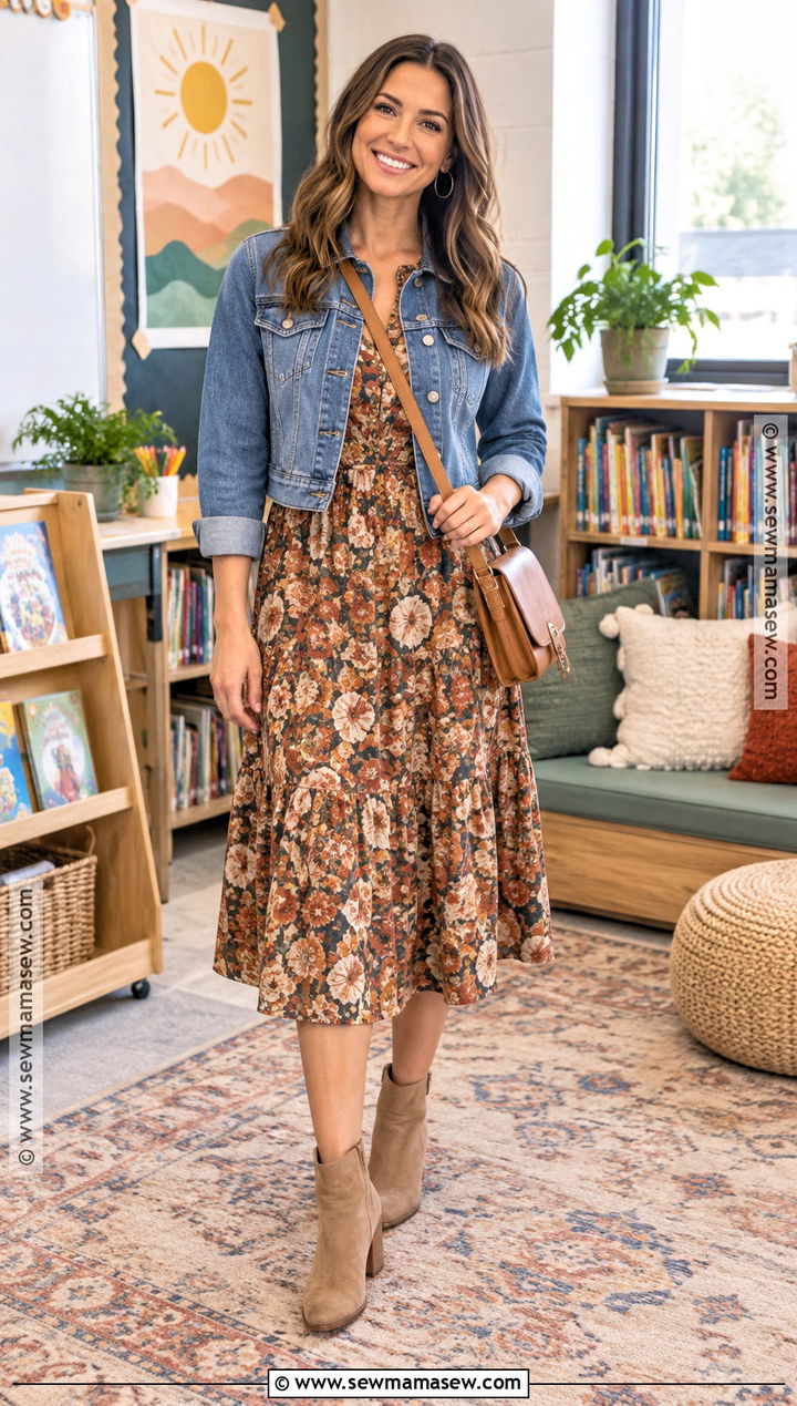 Autumn Teacher Outfit With Printed Dress And Denim Jacket - 25 autumn teacher outfits