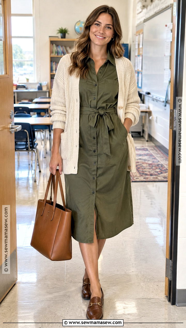 Autumn Teacher Outfit With Shirt Dress And Loafers - 25 autumn teacher outfits