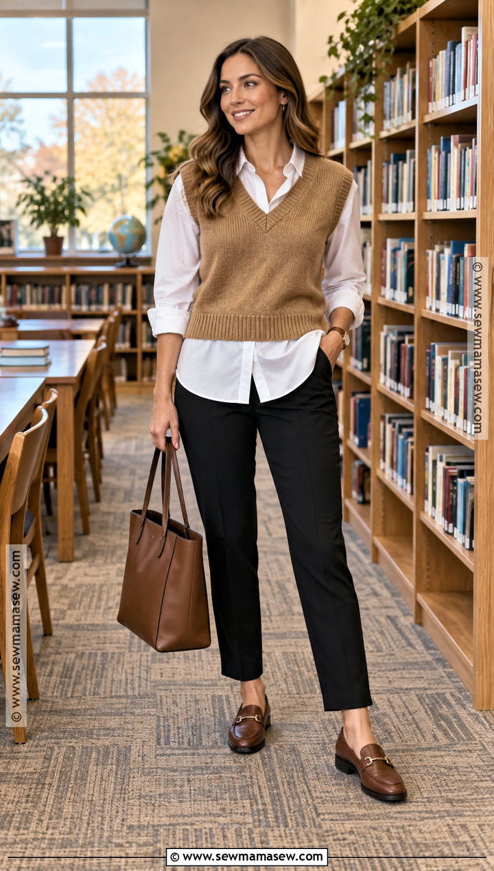 Autumn Teacher Outfit With Sweater Vest And Button Down Shirt - 25 autumn teacher outfits