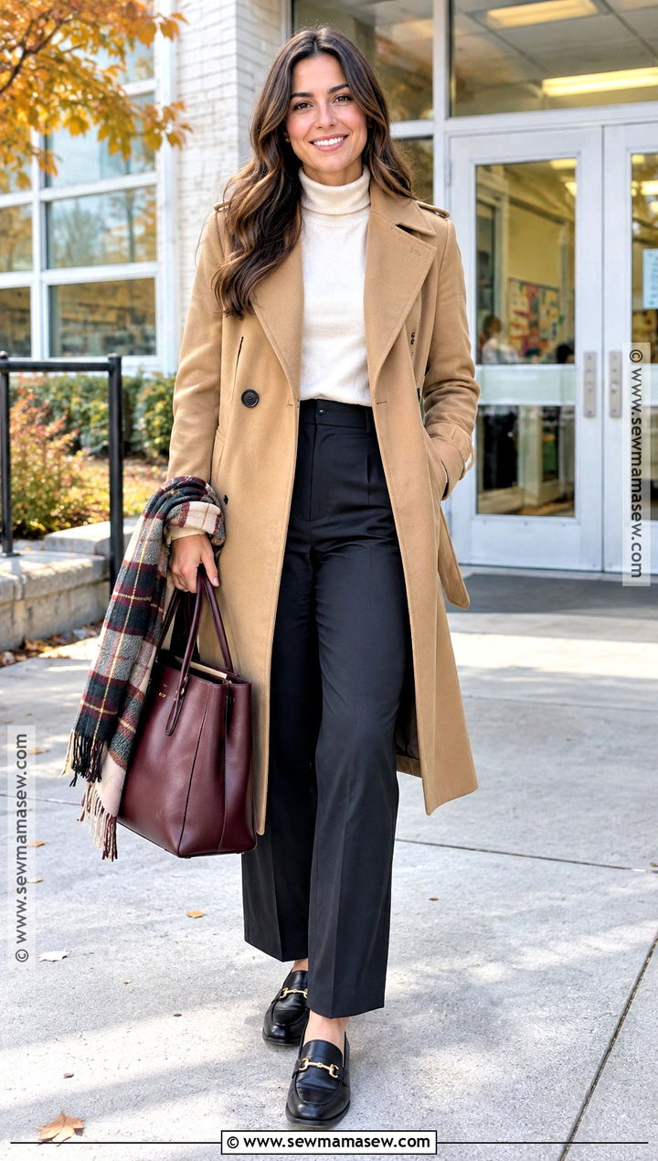 Autumn Teacher Outfit With Trench Coat And Neutral Layers - 20 autumn outfits for teachers