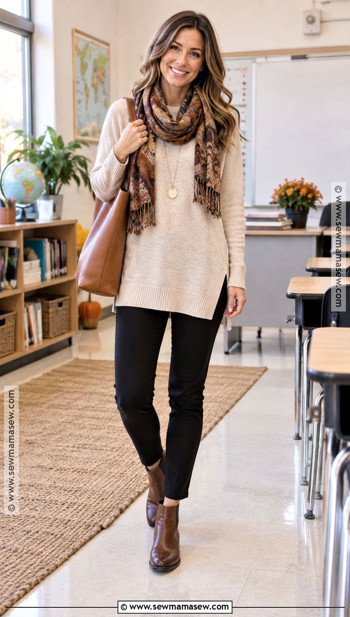 Autumn Teacher Outfit With Tunic Sweater And Slim Pants - 25 autumn teacher outfits