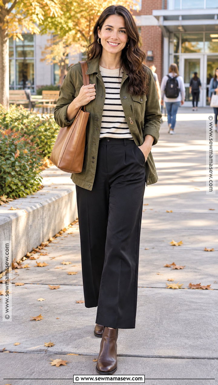Autumn Teacher Outfit With Utility Jacket And Black Trousers - 25 autumn teacher outfits