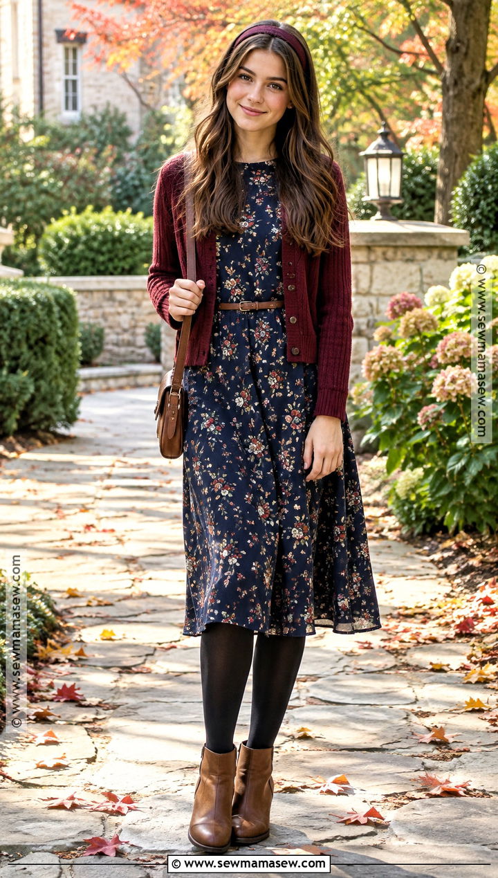 Autumn Teen Floral Midi Dress And Ankle Boots Outfit - 15 autumn teen outfits
