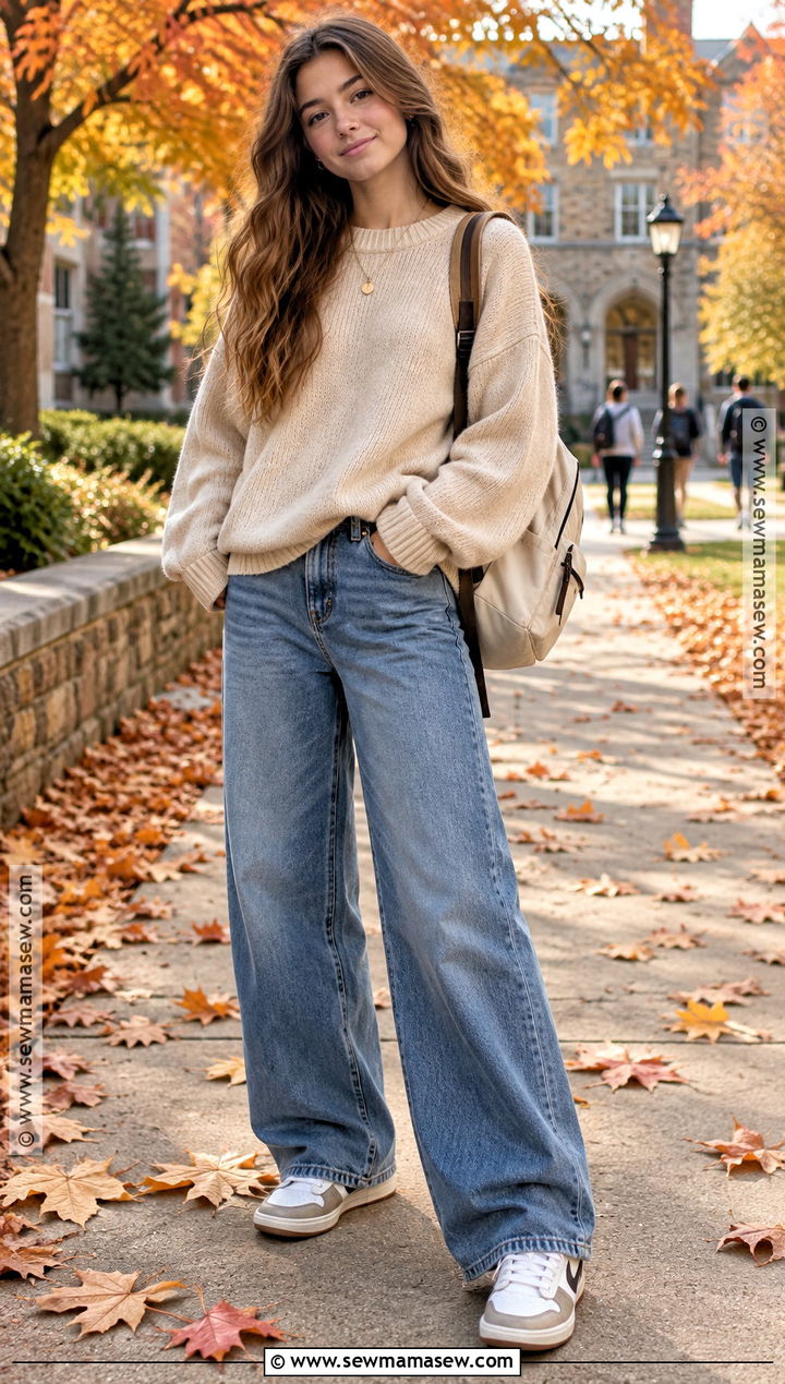 Autumn Teen Oversized Sweater And Wide Leg Jeans Outfit - 15 autumn teen outfits