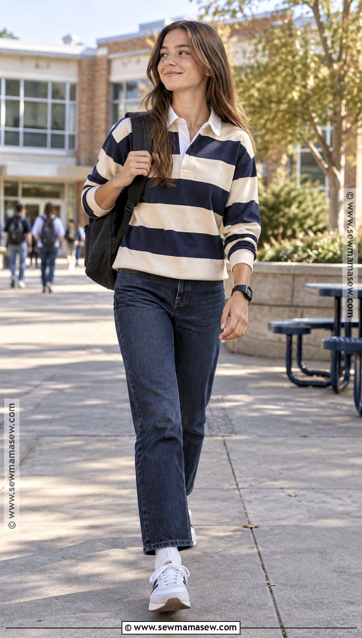 Autumn Teen Rugby Shirt And Straight Leg Jeans Outfit - 15 autumn teen outfits