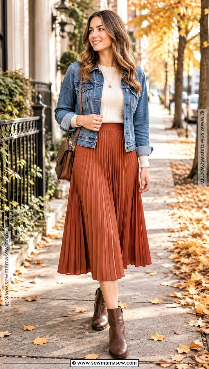 Autumn Travel Outfit With Denim Jacket And Midi Skirt - 20 autumn travel outfit ideas