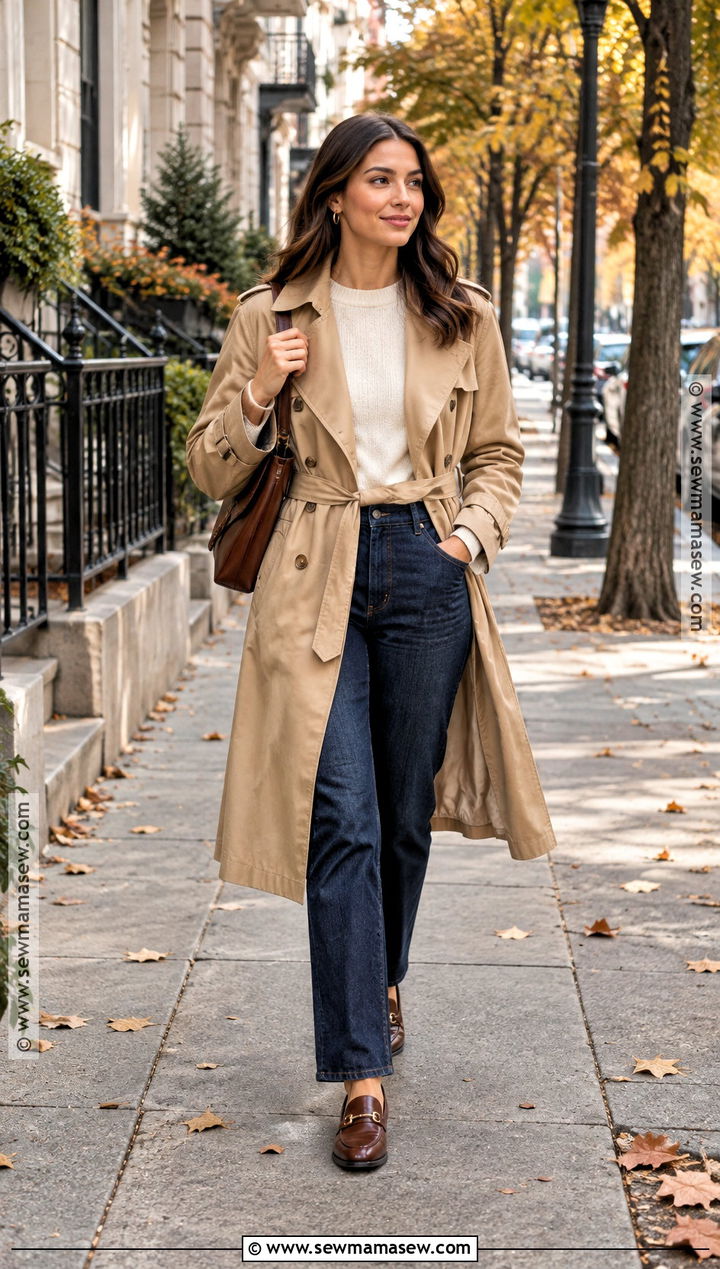 Autumn Trench Coat And Straight Leg Jeans Outfit - 15 autumn style ideas