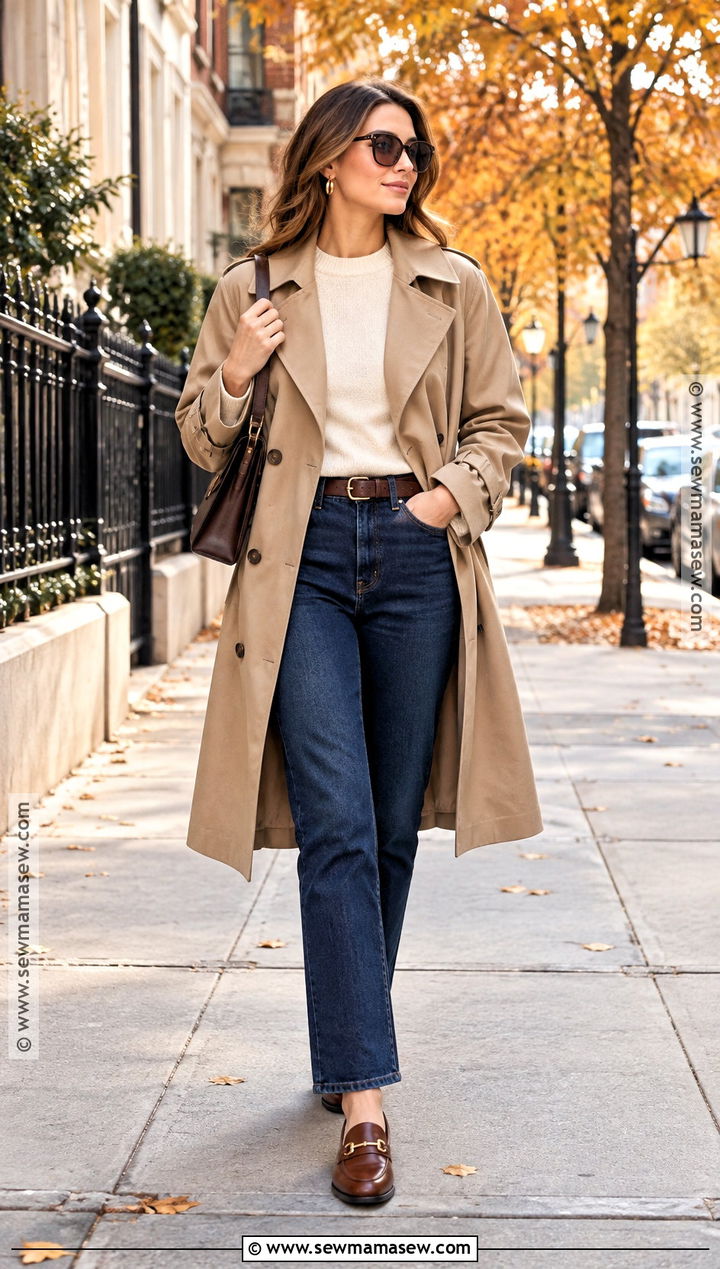 Autumn Trench Coat And Straight Leg Jeans Outfit - 15 autumn chic style inspiration ideas