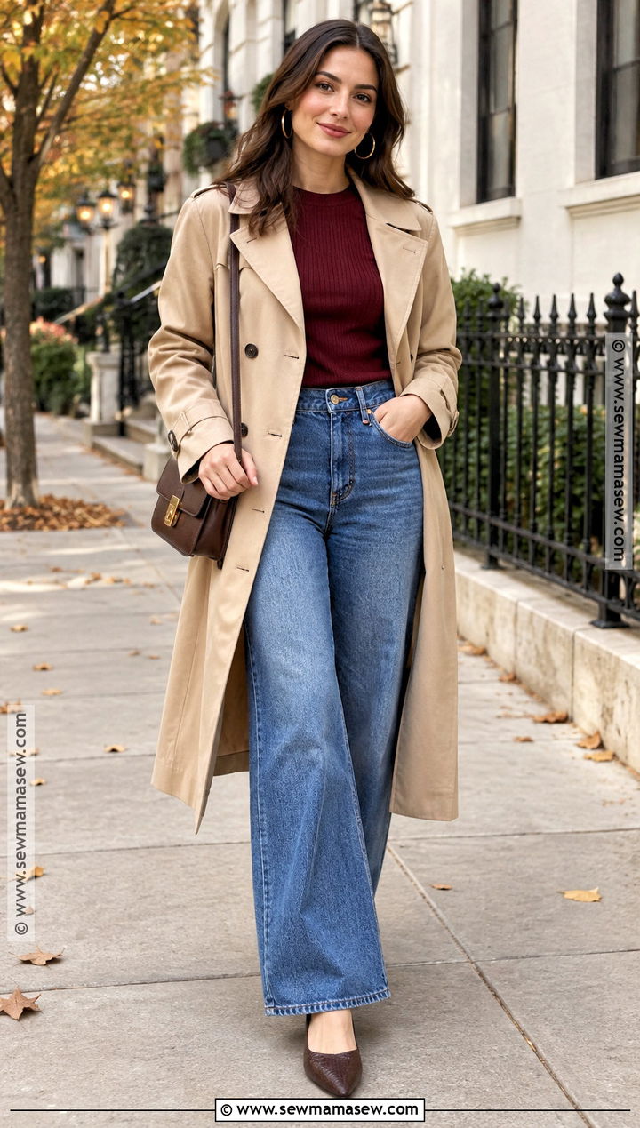Autumn Trench Coat And Wide Leg Jeans Outfit - 15 casual date outfit autumn ideas