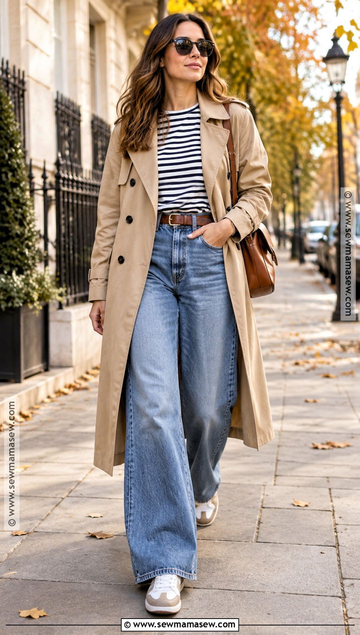 Autumn Trench Coat And Wide Leg Jeans Outfit - 15 autumn casual style outfit ideas