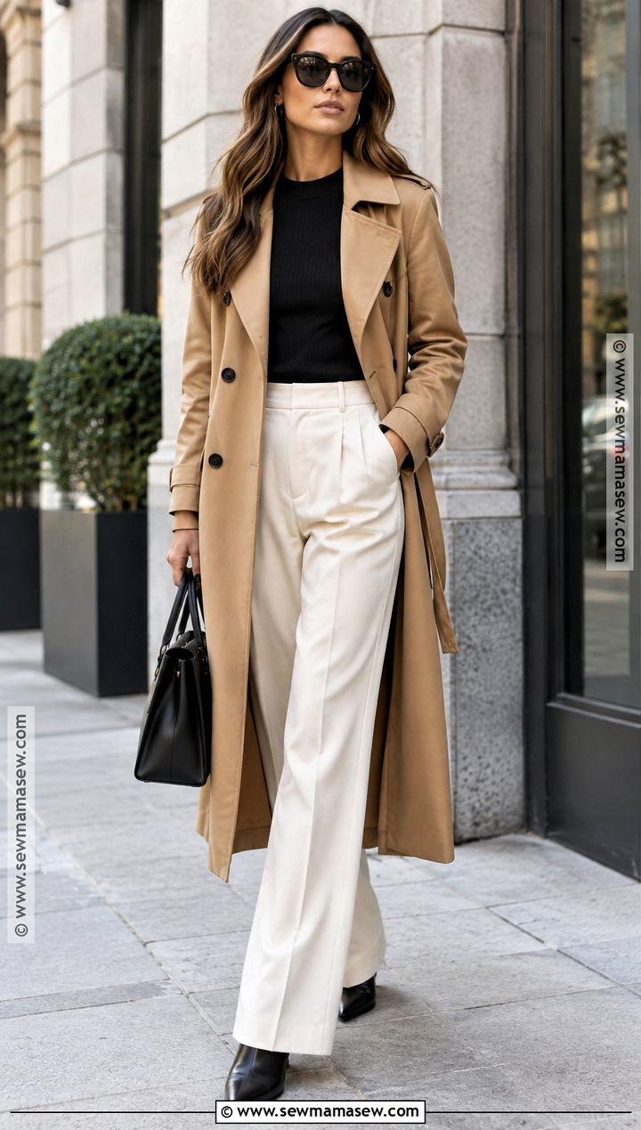 Autumn Trench Coat And Wide Leg Pants Outfit - 20 Cute Outfits For Autumn