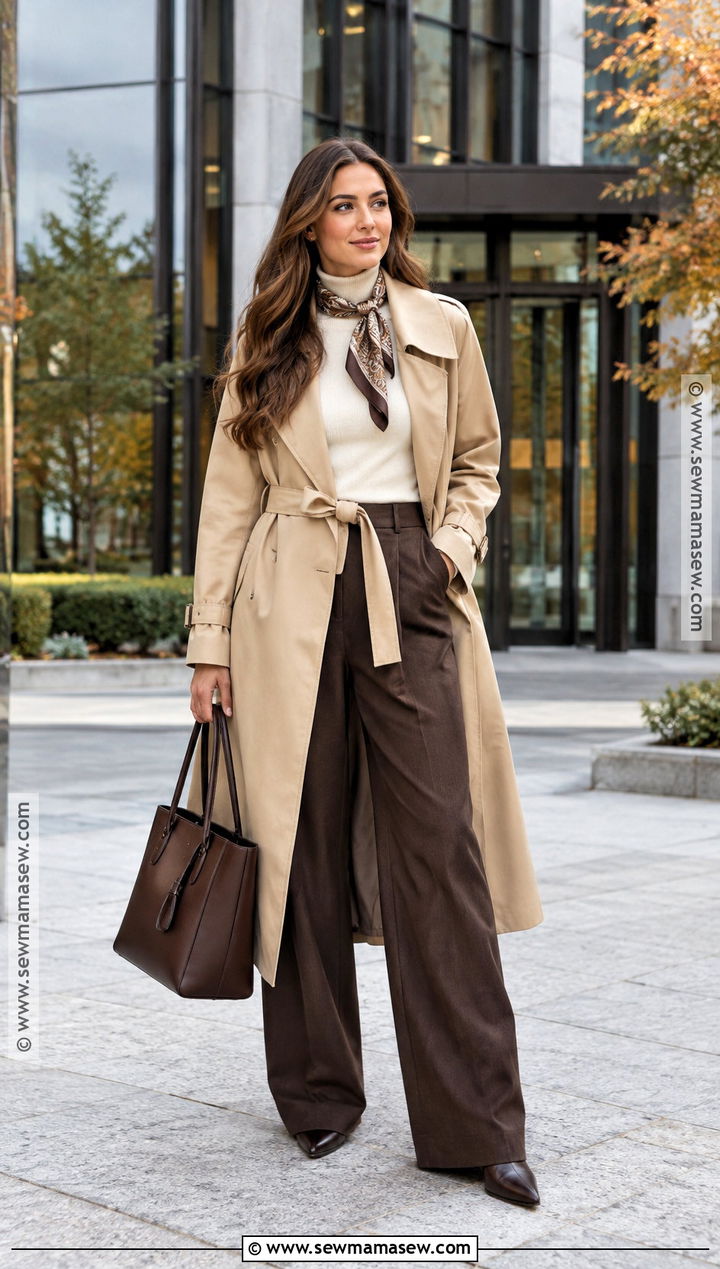 Autumn Trench Coat And Wide Leg Trousers Outfit - 25 autumn outfit inspo ideas