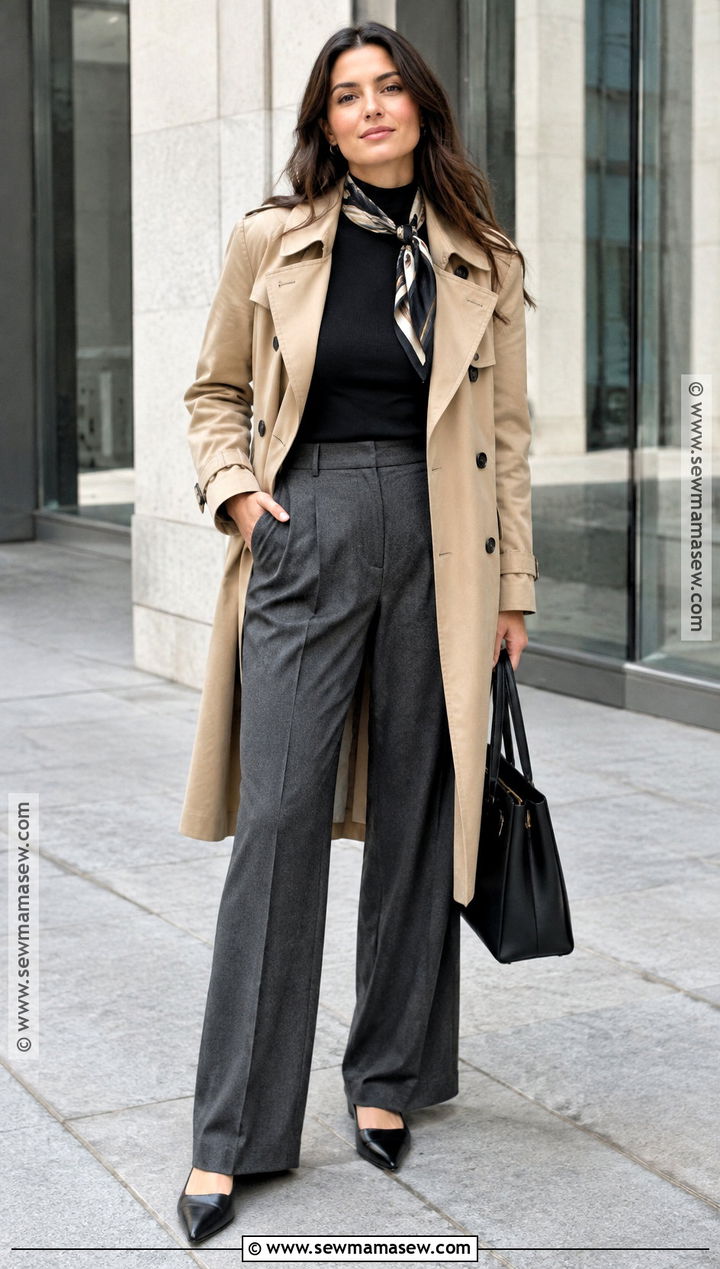 Autumn Trench Coat And Wide Leg Trousers Outfit - 25 autumn wear ideas
