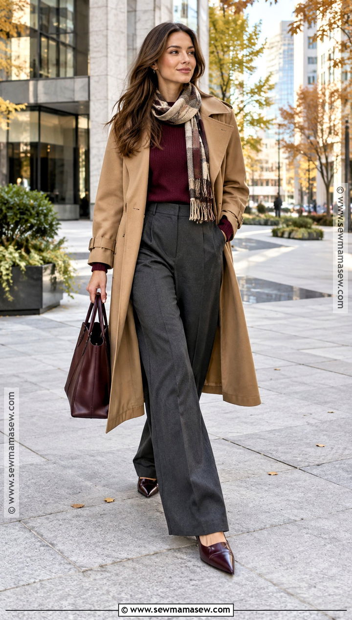 Autumn Trench Coat And Wide Leg Trousers Outfit - 15 Autumn Fashion Outfit Ensemble Ideas