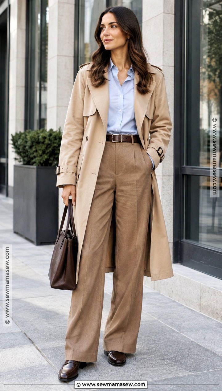 Autumn Trench Coat Button Up And Wide Leg Trousers Outfit - 15 Ladies Autumn Fashion Ideas