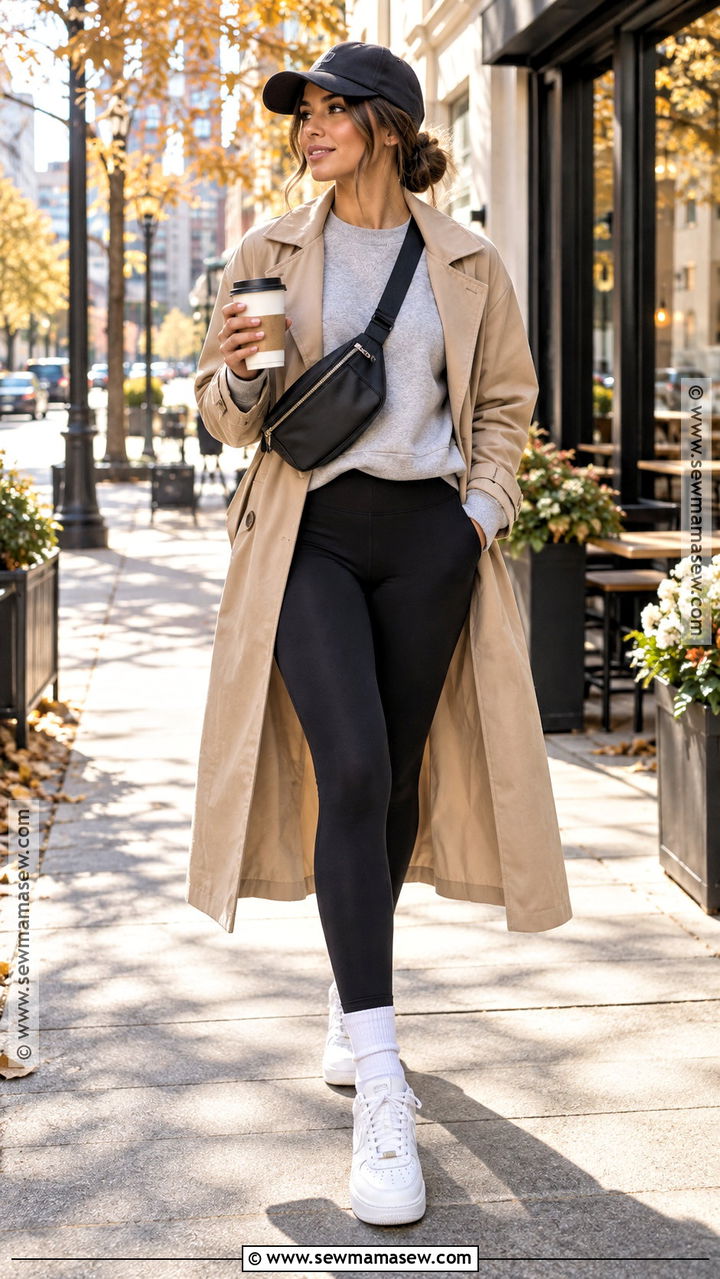 Autumn Trench Coat Sweatshirt And Leggings Outfit - 20 autumn weekend outfit ideas