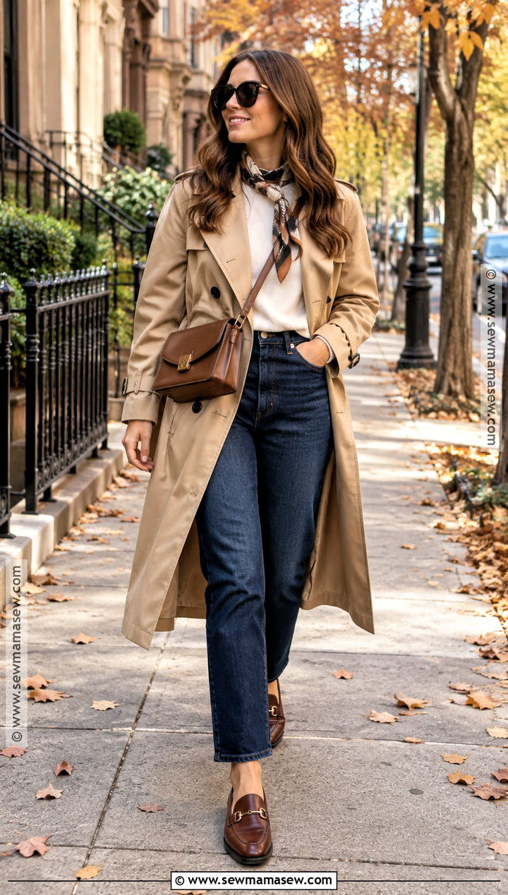 Autumn Trench Coat With Straight Leg Jeans - 15 7 Days Capsule Wardrobe Autumn Ideas
