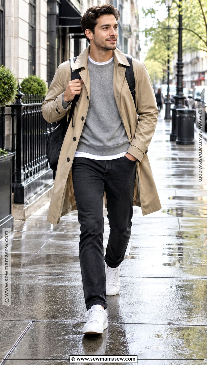 Autumn Trench Coat With Sweatshirt And Sneakers Outfit - 15 Men Outfit Autumn Casual Ideas