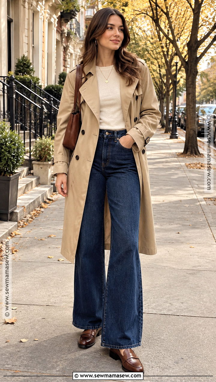 Autumn Trench Coat and Wide Leg Jeans Outfit - 15 Autumn Fashion Outfit Collection Ideas