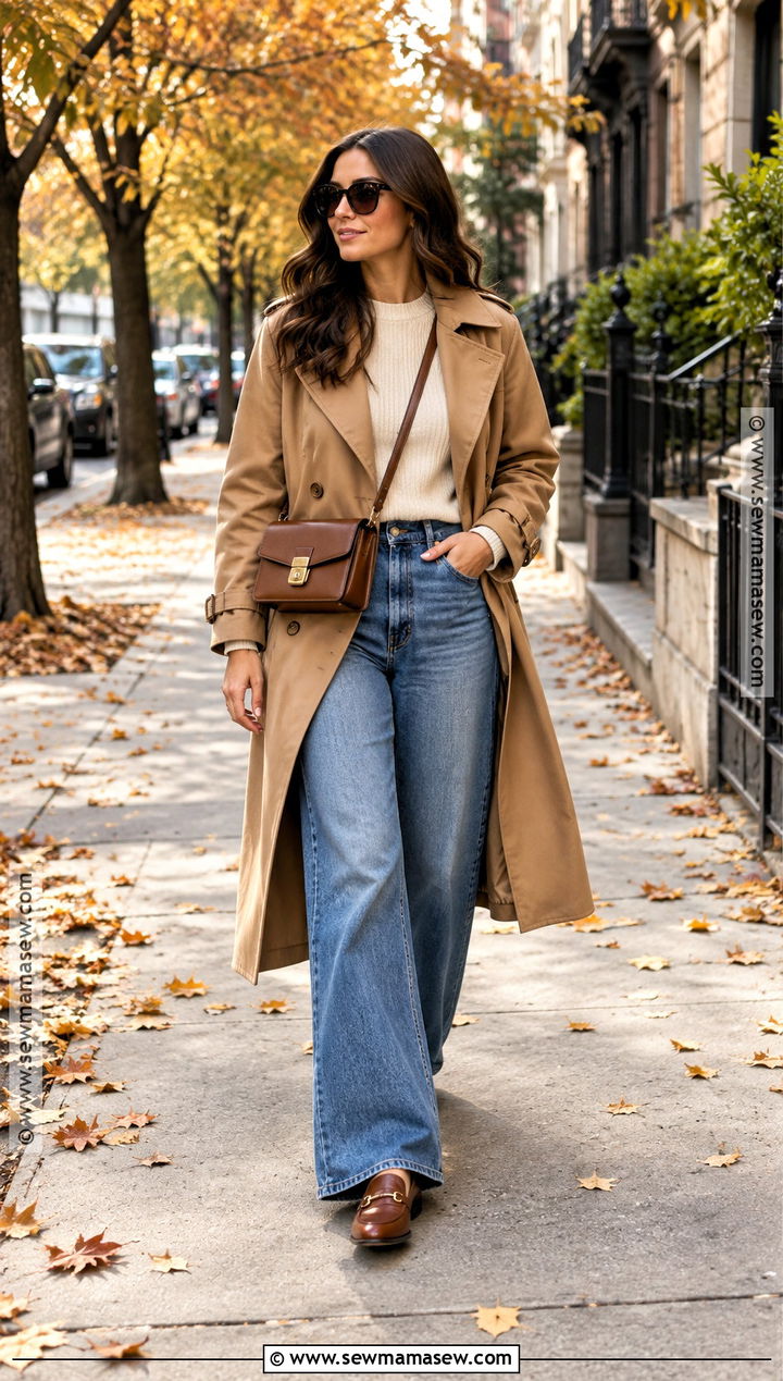 Autumn Trench Coat and Wide Leg Jeans Outfit - 15 Autumn Sidewalk Fashion Ideas