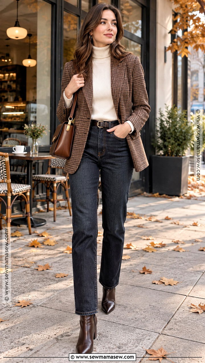 Autumn Turtleneck Blazer And Straight Leg Jeans Outfit - 20 autumn layering ideas