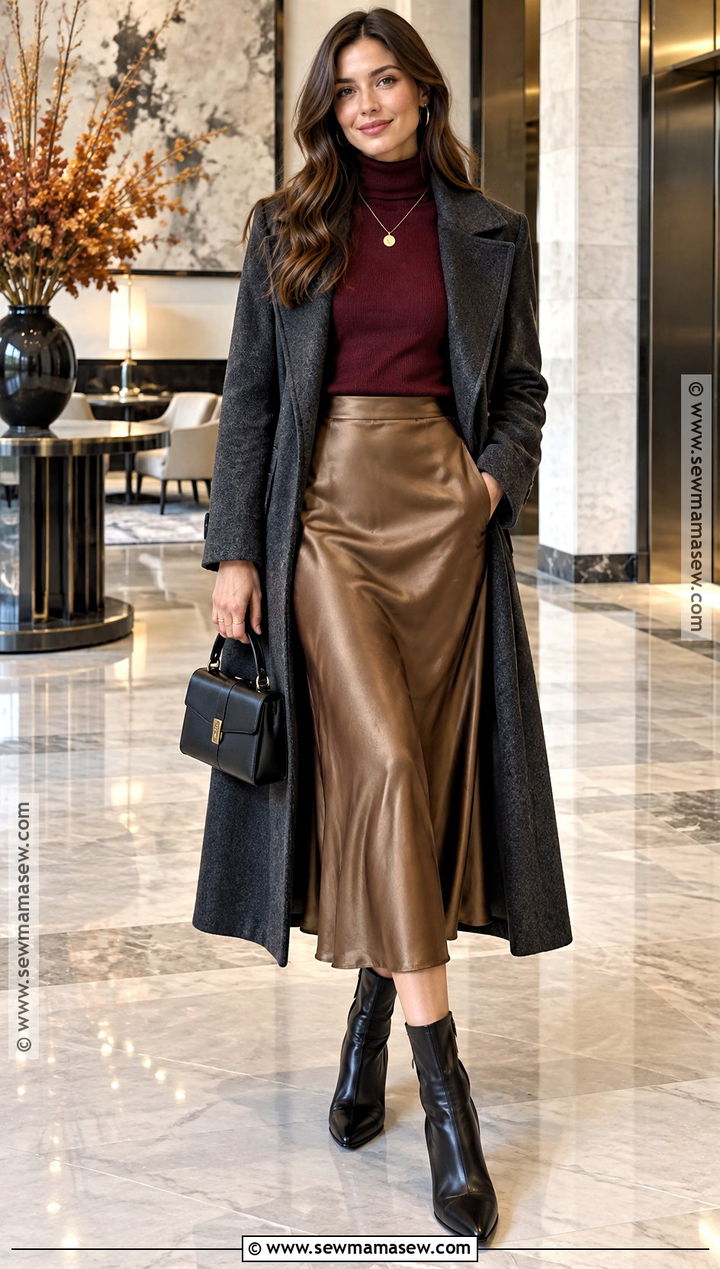 Autumn Turtleneck Outfit With Satin Midi Skirt - 30 autumn fashion ideas