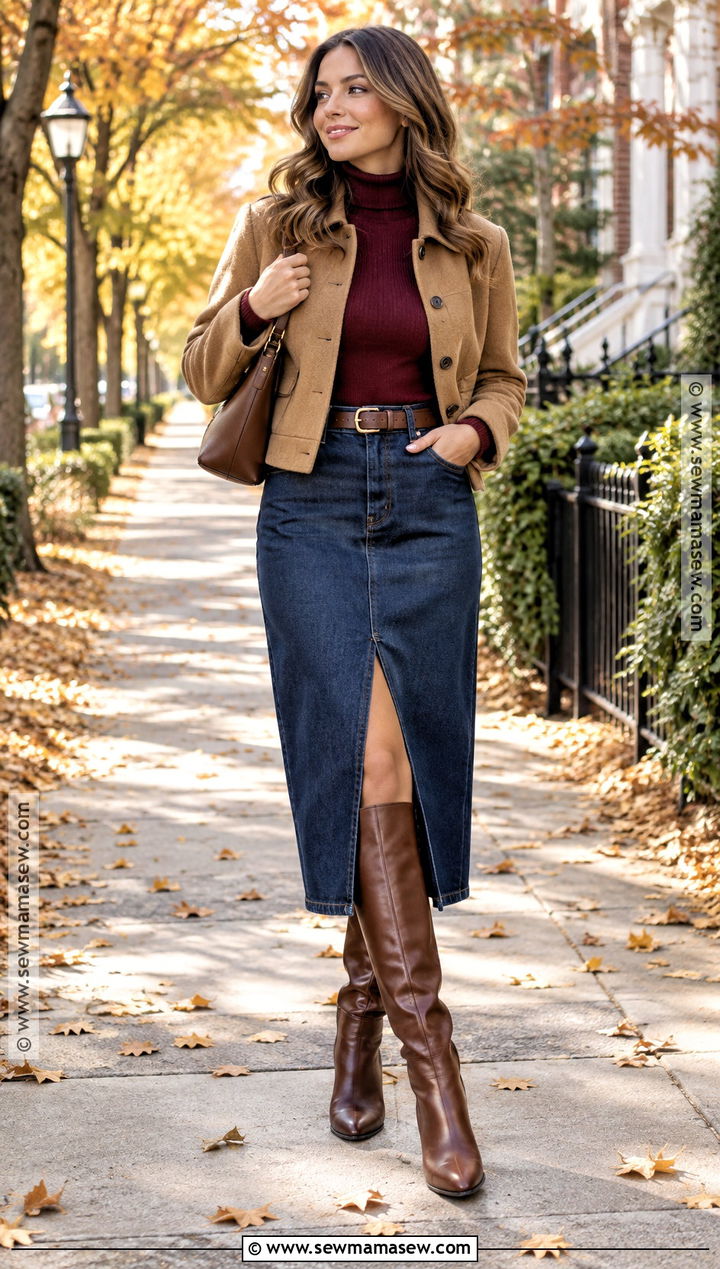 Autumn Turtleneck and Denim Midi Skirt Outfit - 25 outfit ideas for autumn