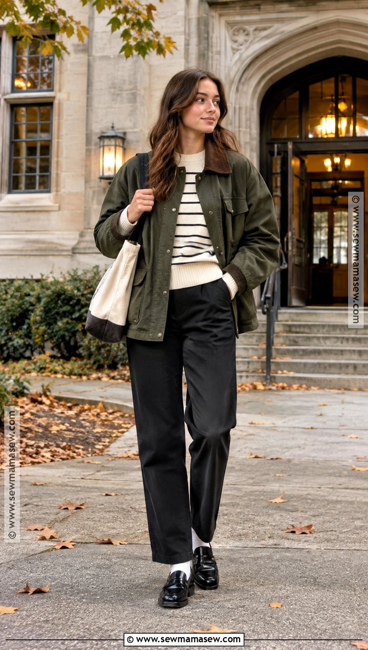 Autumn Uni Barn Jacket And Relaxed Trousers Outfit - 25 uni outfits autumn