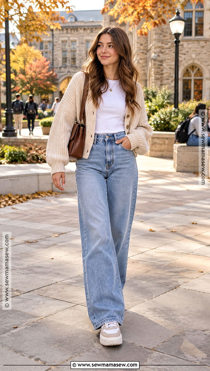 Autumn Uni Cardigan And Wide Leg Jeans Outfit - 25 uni outfits autumn