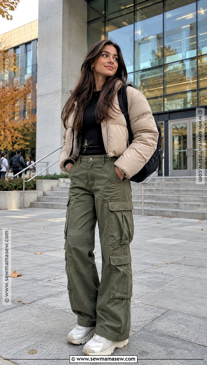 Autumn Uni Cargo Pants And Fitted Top Outfit - 25 uni outfits autumn