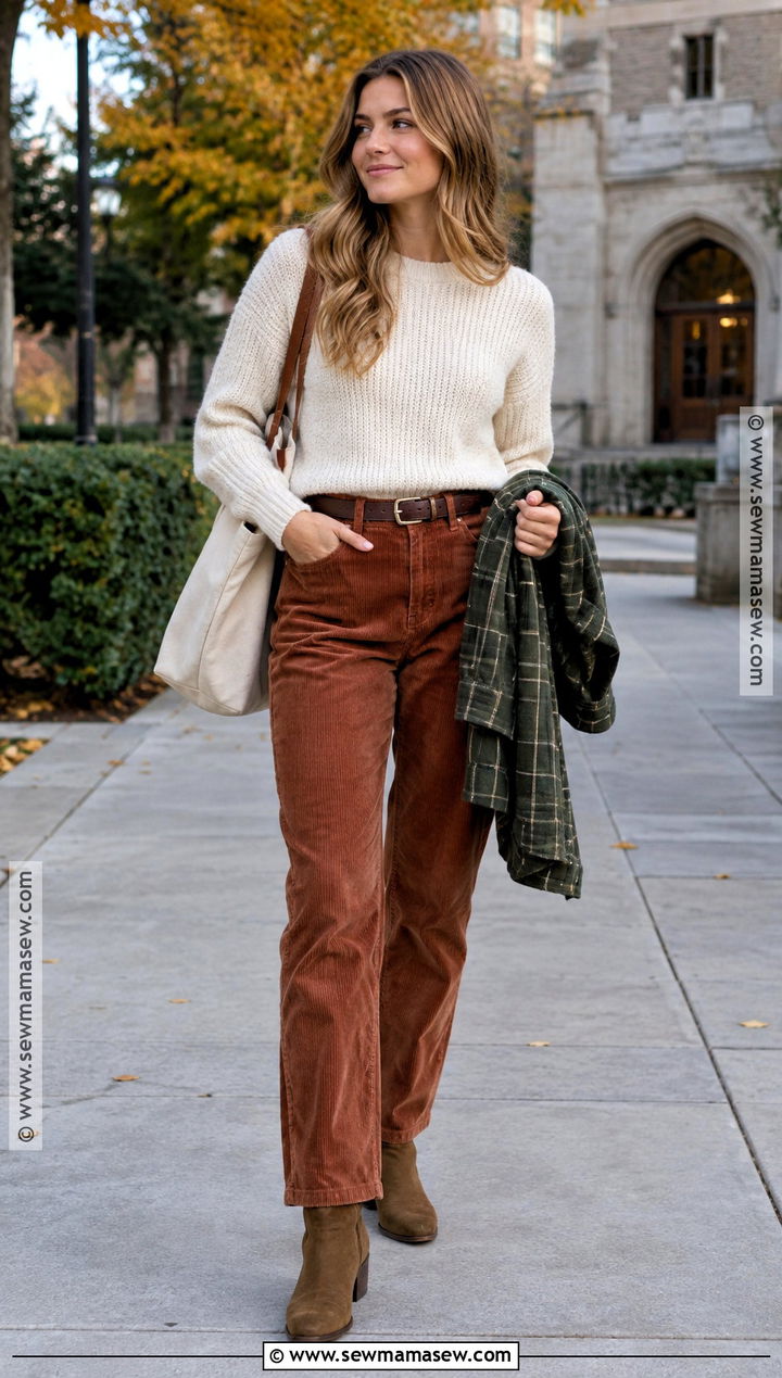 Autumn Uni Corduroy Trousers And Knit Sweater Outfit - 25 uni outfits autumn
