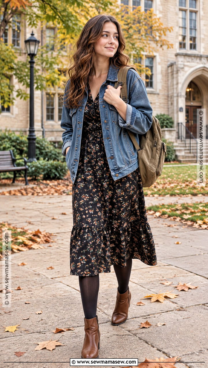 Autumn Uni Floral Midi Dress And Denim Jacket Outfit - 25 uni outfits autumn