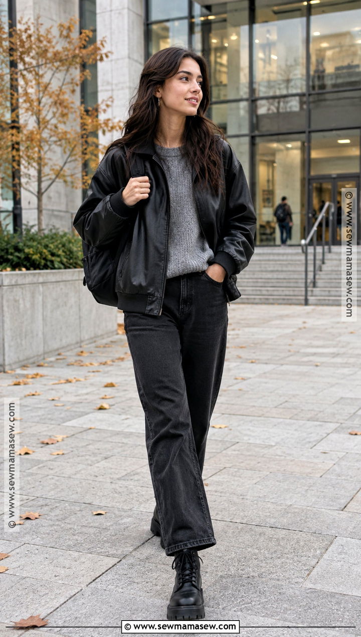 Autumn Uni Leather Jacket And Black Jeans Outfit - 25 uni outfits autumn