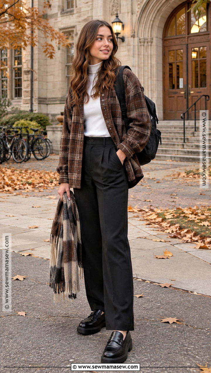Autumn Uni Overshirt And Black Trousers Outfit - 25 uni outfits autumn