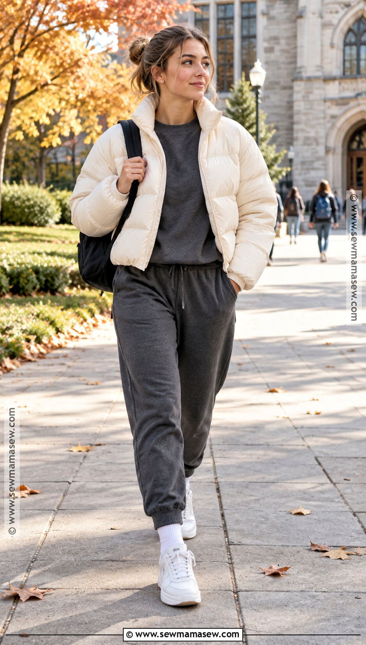 Autumn Uni Puffer Jacket And Joggers Outfit - 25 uni outfits autumn