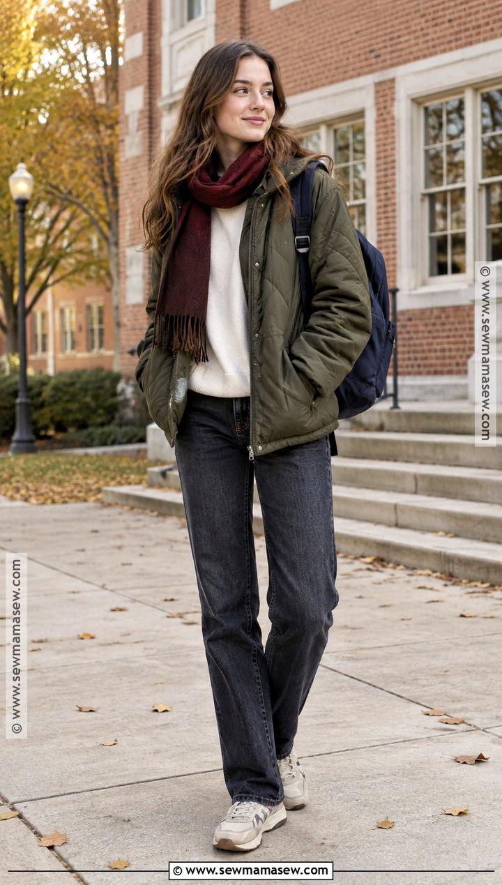 Autumn Uni Quilted Jacket And Dark Jeans Outfit - 25 uni outfits autumn