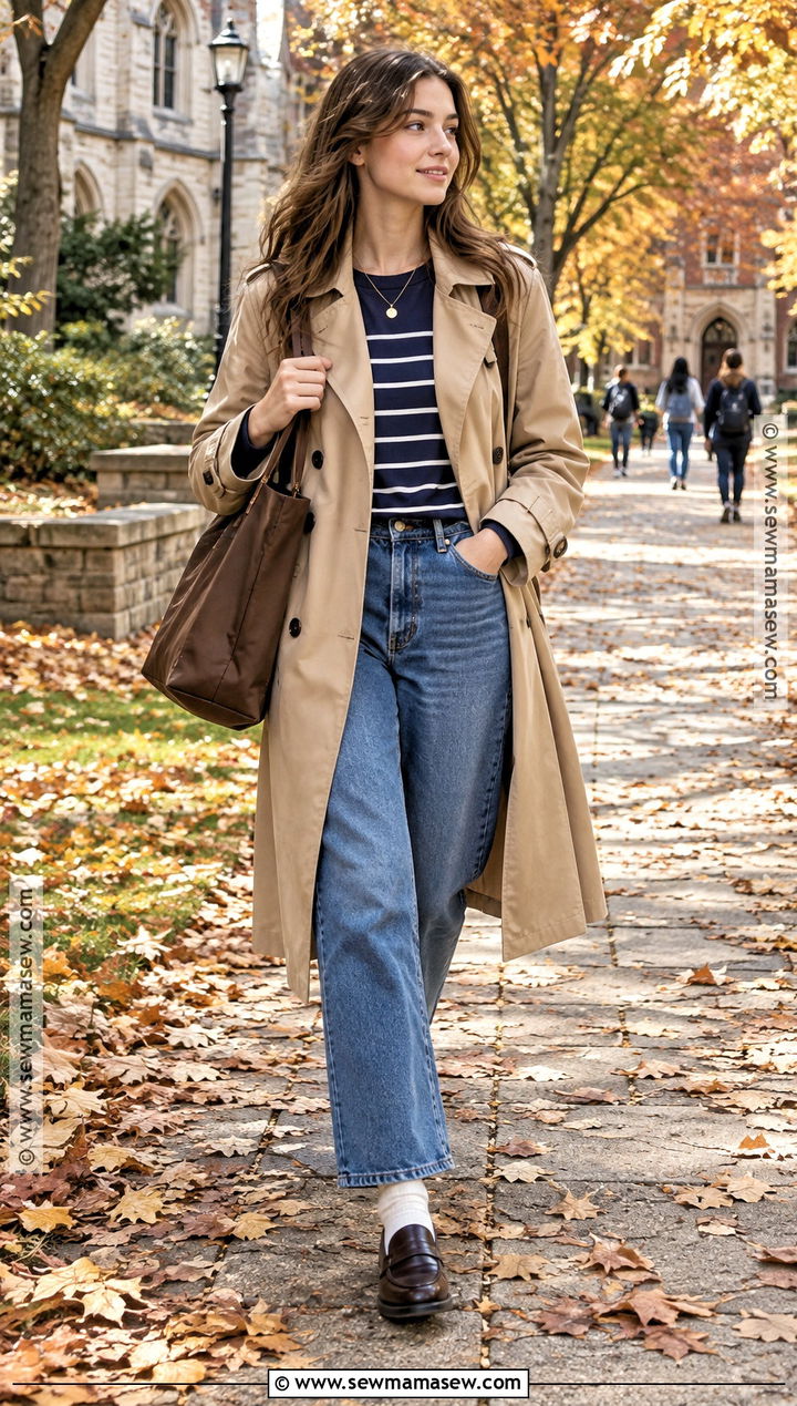 Autumn Uni Trench Coat And Blue Jeans Outfit - 25 uni outfits autumn
