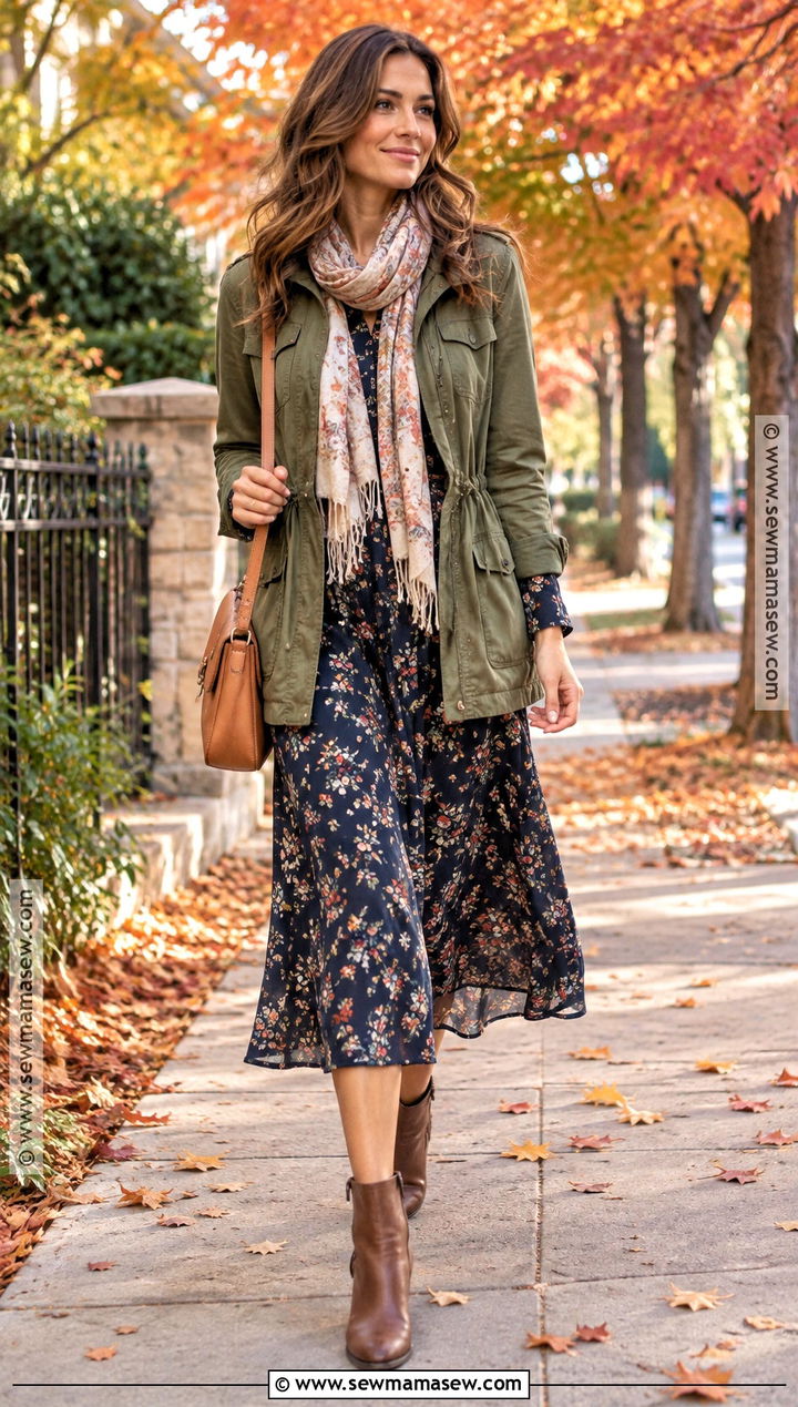 Autumn Utility Jacket And Midi Dress Outfit - 15 autumn style ideas