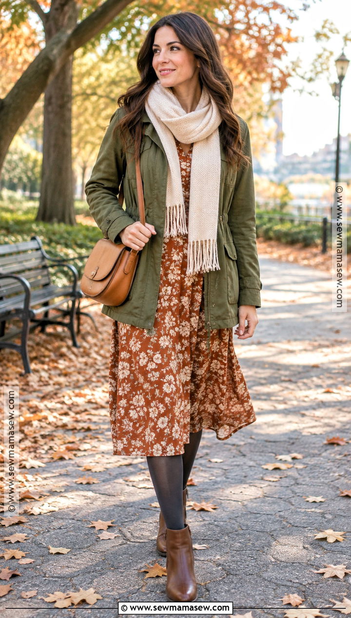 Autumn Utility Jacket And Midi Dress Outfit - 15 autumn chic style ideas