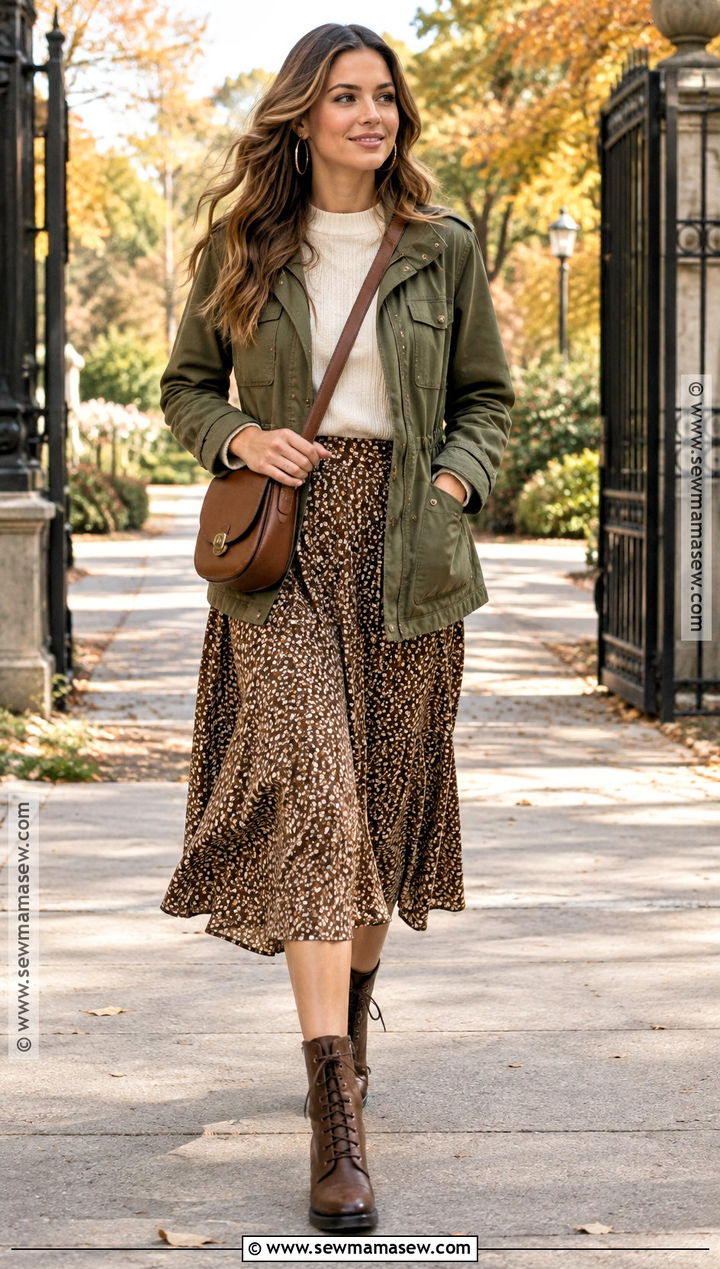 Autumn Utility Jacket And Midi Skirt Outfit - 25 autumn ootd ideas
