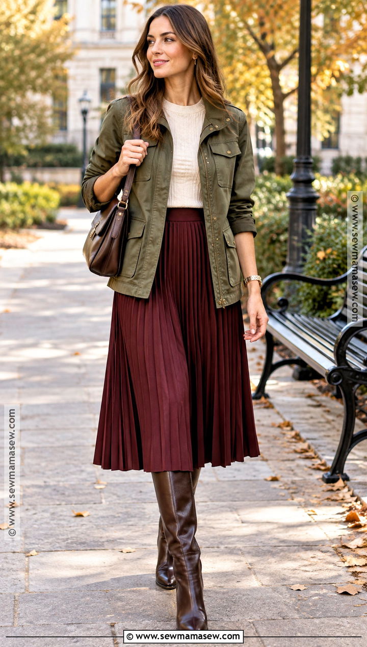 Autumn Utility Jacket And Pleated Skirt Outfit - 20 autumn outfits elegant classy