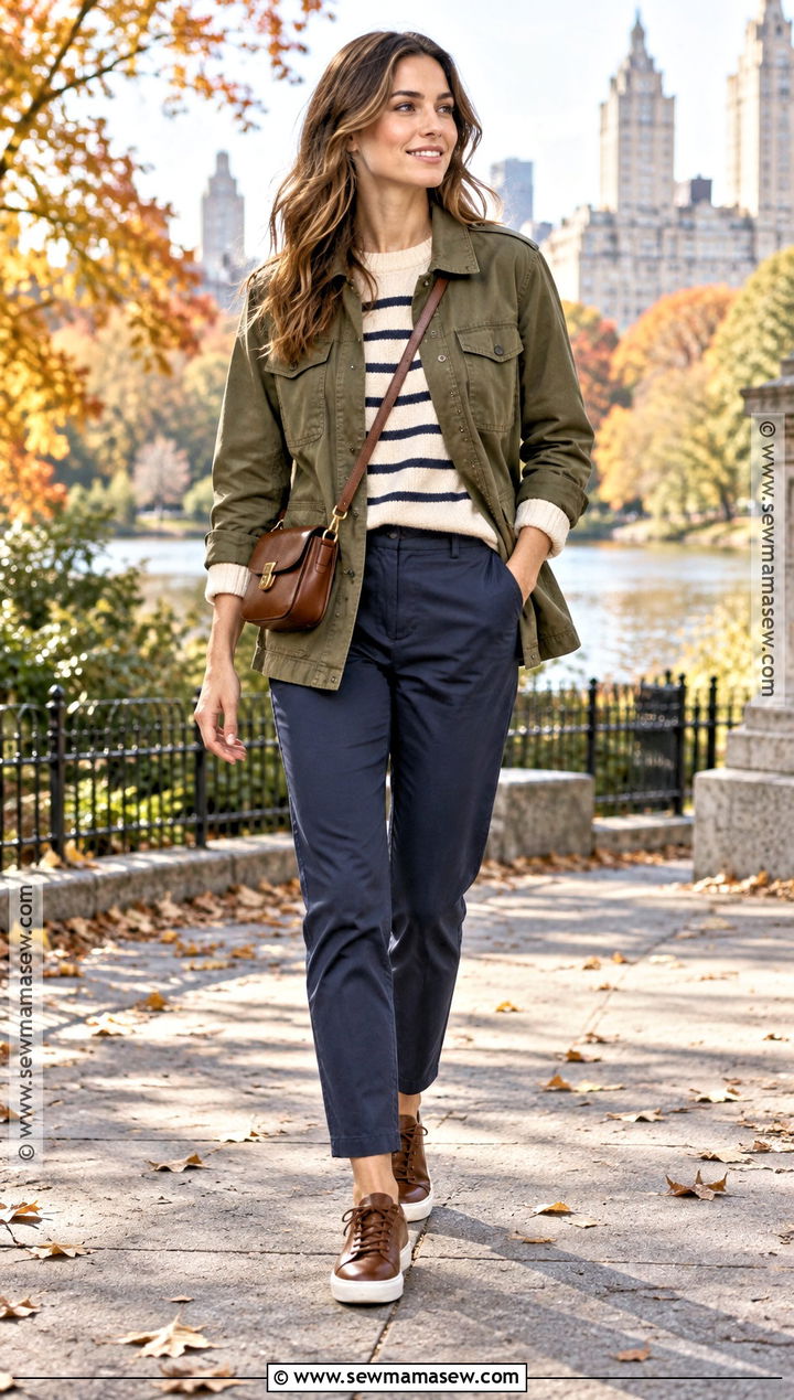 Autumn Utility Jacket With Striped Knit And Trousers - 15 7 Days Capsule Wardrobe Autumn Ideas