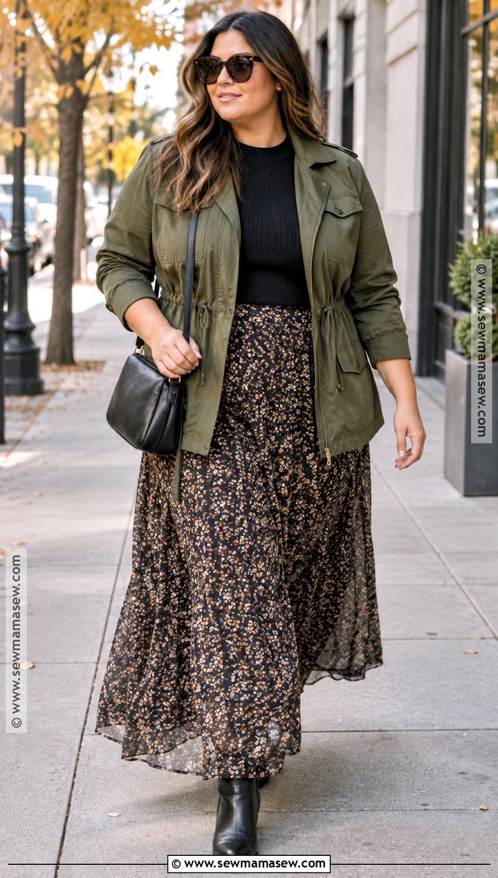 Autumn Utility Jacket and Maxi Skirt Outfit - 15 Autumn Sidewalk Fashion Ideas