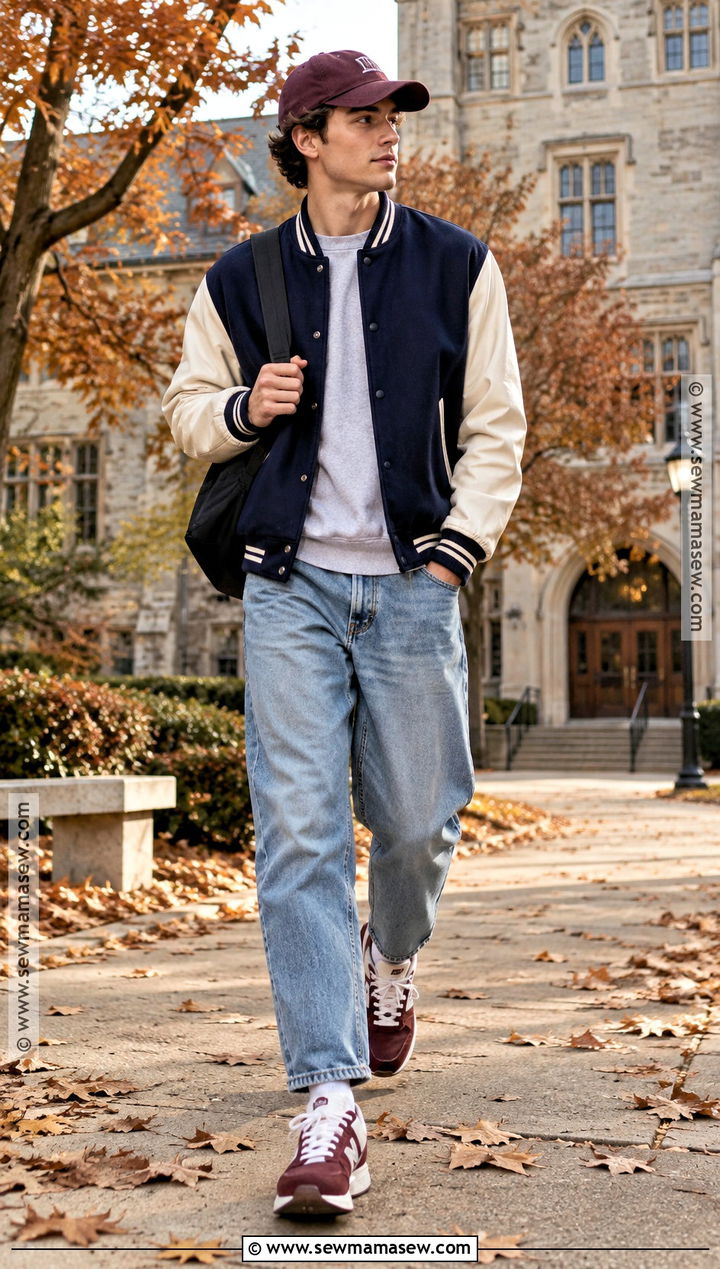 Autumn Varsity Jacket With Baggy Jeans Outfit - 15 autumn men outfit ideas 2026
