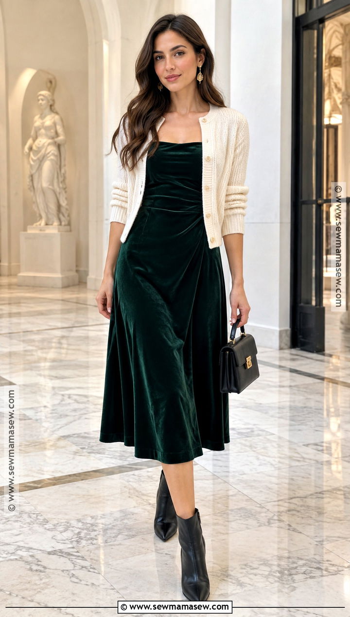Autumn Velvet Midi Dress And Cardigan Outfit - 25 autumn fashion ideas for women