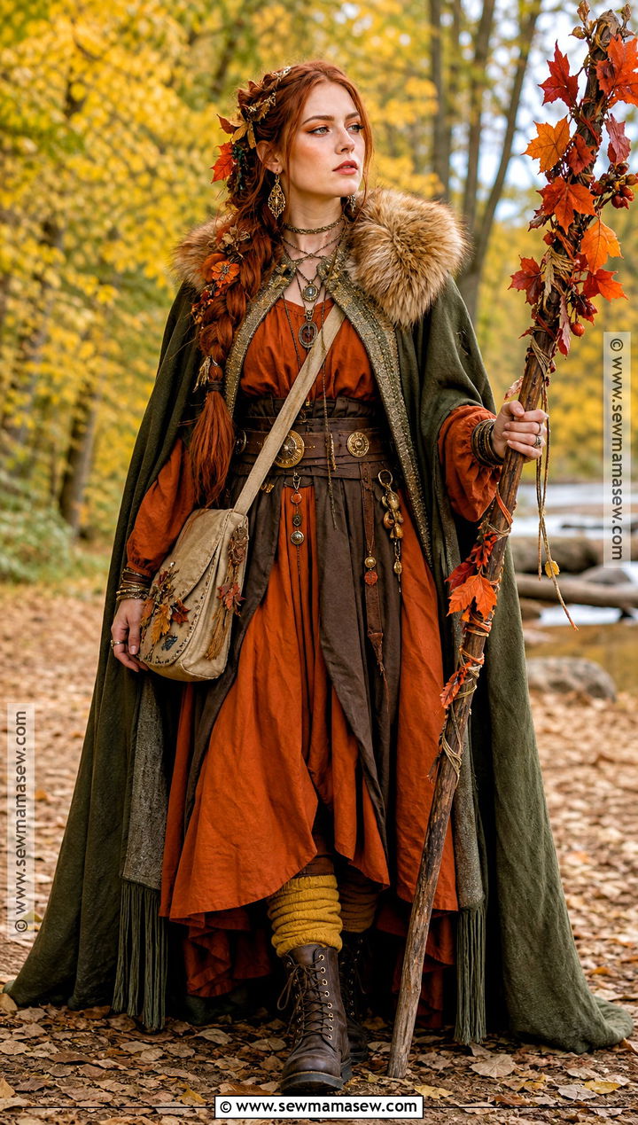 Autumn Viking Witch Costume With Orange Dress - 30 viking witch costume ideas