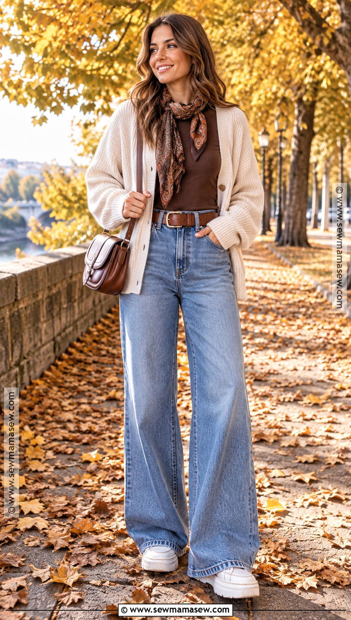 Autumn Walk Outfit With Cardigan And Wide Leg Jeans - 25 autumn walk outfit ideas