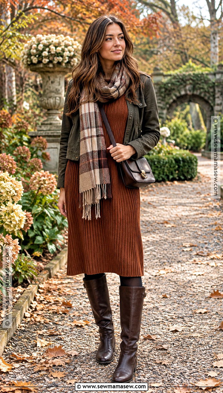 Autumn Walk Outfit With Knit Dress And Boots - 25 autumn walk outfit ideas
